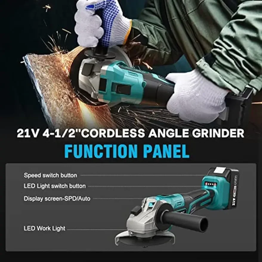 Avhrit Cordless Angle Grinder, 21V Power Angle Grinder Tools with 2PCS  4.0Ah Batteries & Fast Charger, 9000RPM Brushless Motor Metal Grinder,  4-1/2