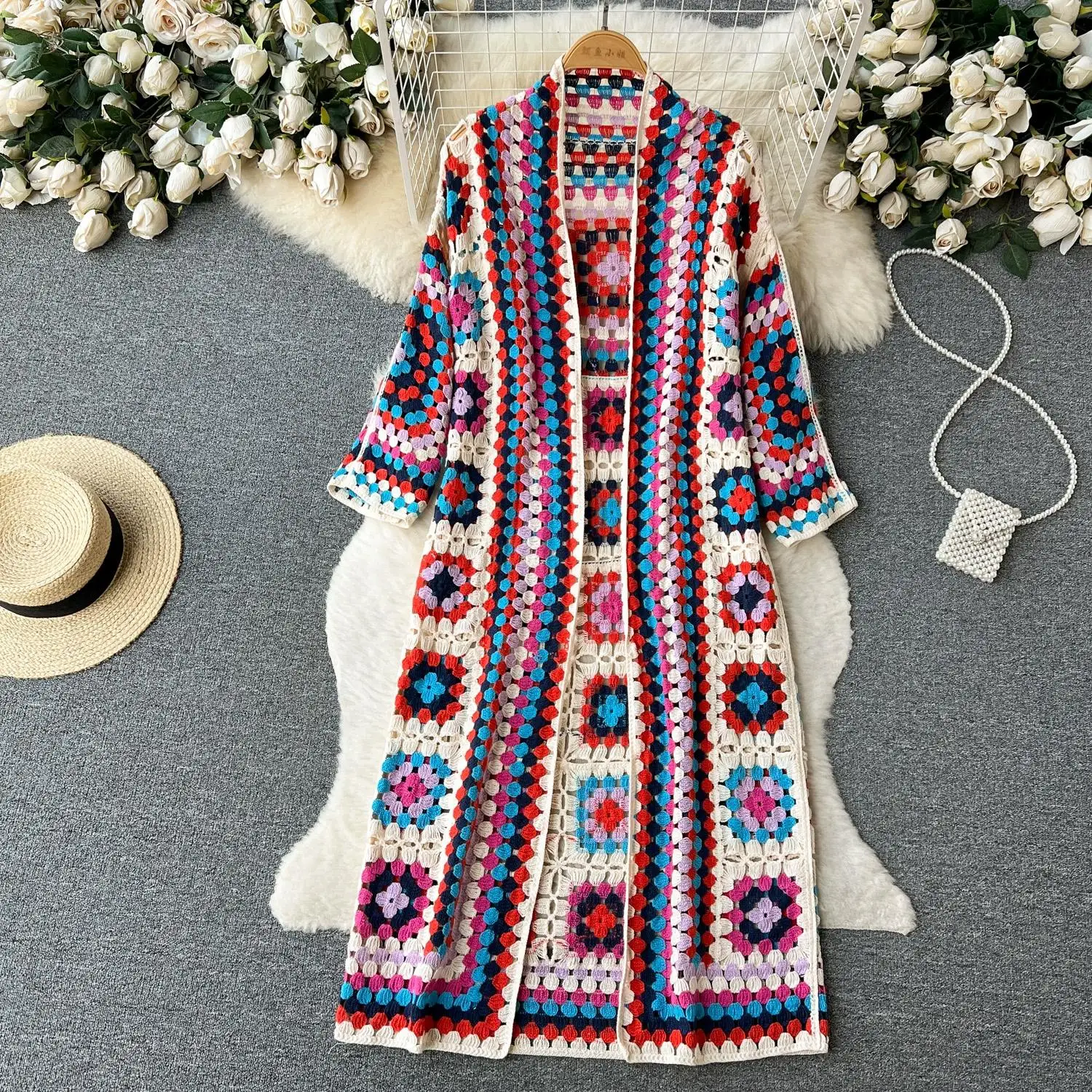 

Long Knitted Cardigan Holiday Beach Spring Autumn Fashion Vintage Floral Knit Cardigan Streetwear Loose Hollow Out Overcoat