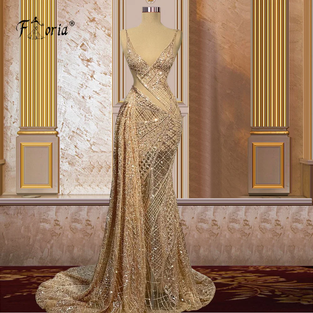 

Aso Ebi Champagne Mermaid Evening Dresses 2022 Sparkly Beaded See Through Arabic Couture Formal Dress Special Occasion Gown