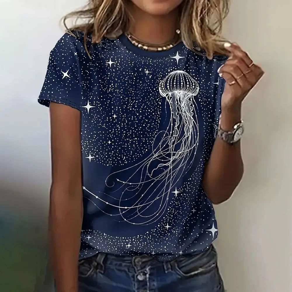 Jellyfish Print Asymmetric Chinese-Style Shirt