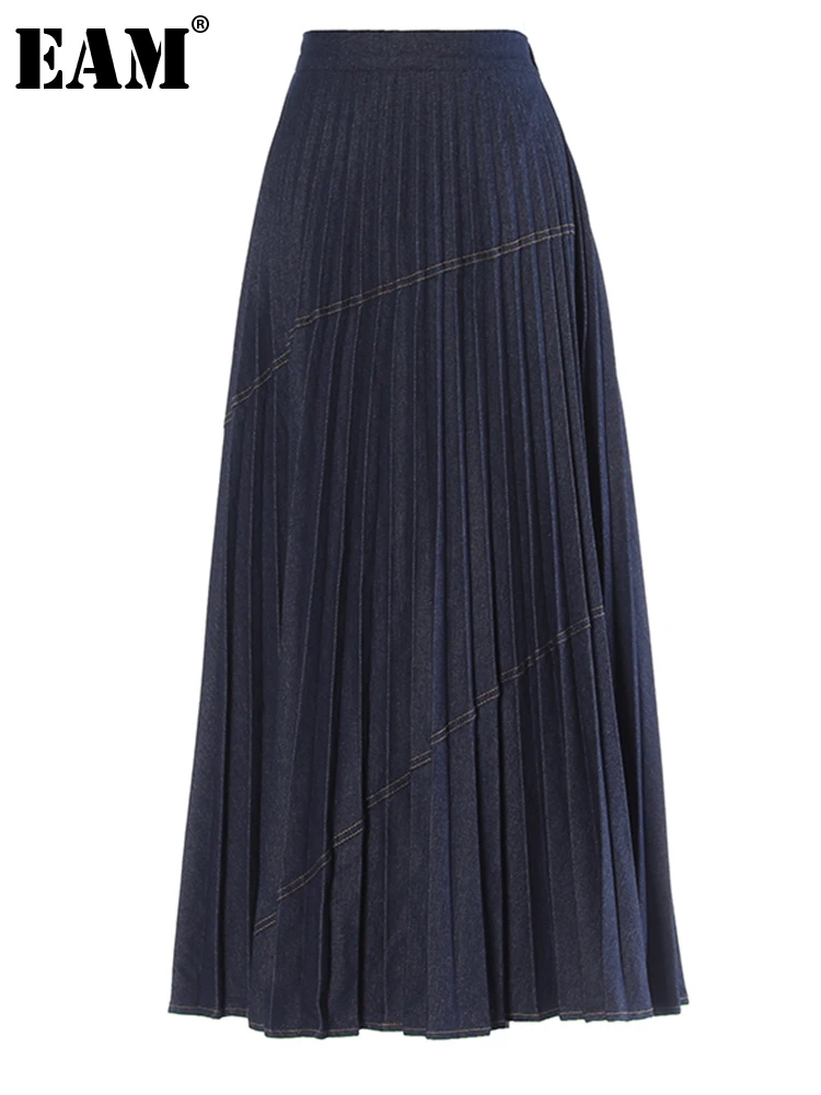 

[EAM] High Waist Navy Blue Denim Pleated Topstitched Elegant Half-body Skirt Women Fashion Tide New Spring Autumn 2024 1DH1746