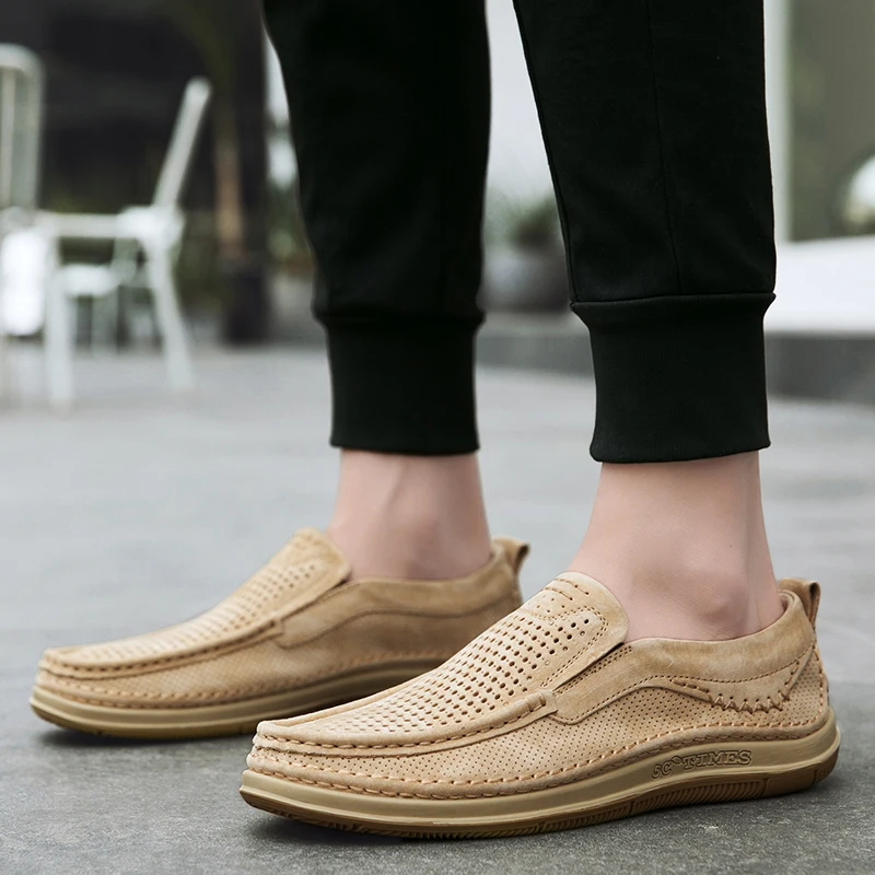 Summer Men Mesh Loafers Leather Breathable Sneakers Comfort Soft