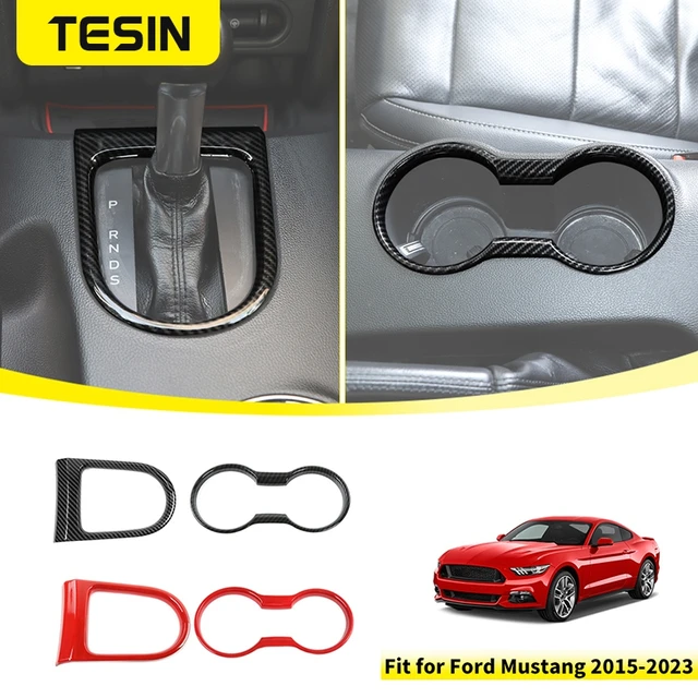 TESIN for Ford Mustang 2015-2023 Carbon Fiber Grain Car Interior Front Water Cup Holder Gear Shift Decoration Cover Trim Sticker