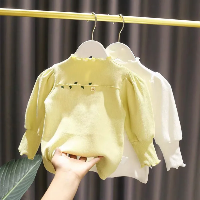 

Girls Baby Autumn T-Shirt Knitted Bottoming Shirt 2022 New Children`s Long-Sleeved Puff Sleeve Top For Outer Wear
