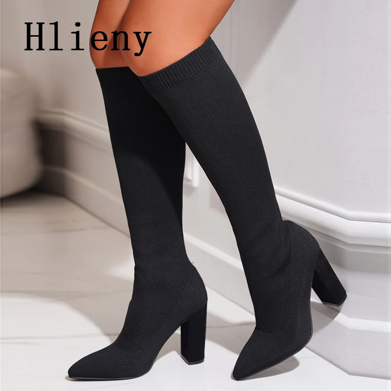 

Hlieny Winter Fashion Slim Thigh High Sock Boots Women Stretch Fabric Pointed Toe High Heels Over The Knee Slip On Black Shoes