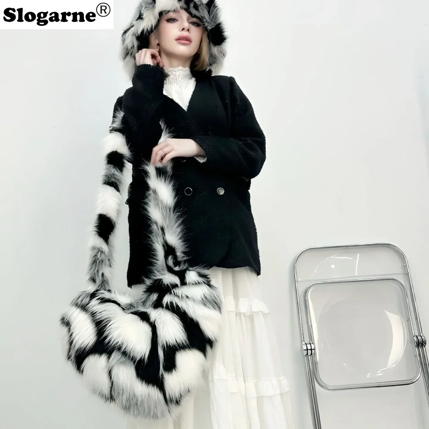 Women Faux Fur Shoulder Bag Fur Plush Bucket Hat Luxury Sets Furry Ski Hats Warm Caps Luxury Fluffy Bags New Y2K Suits