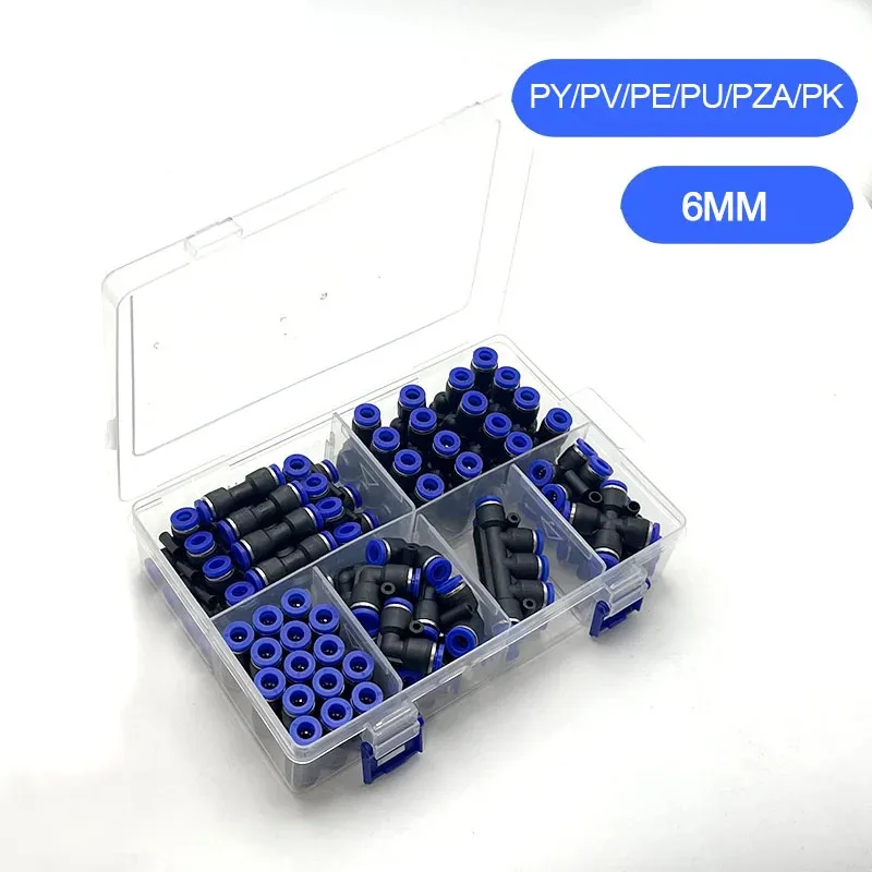 63Pcs Boxed Set Air Hose Connector 6mm OD PU PE PV PY PZA PK Air Pipe Tube Quick Release Pneumatic Push to Connect Fittings Kit