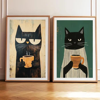 Whimsical Black Cat Drink Coffee Poster For Bedroom Nursery Cartoon Animal Canvas Painting Cute Cat Illustration Print Wall Art 1