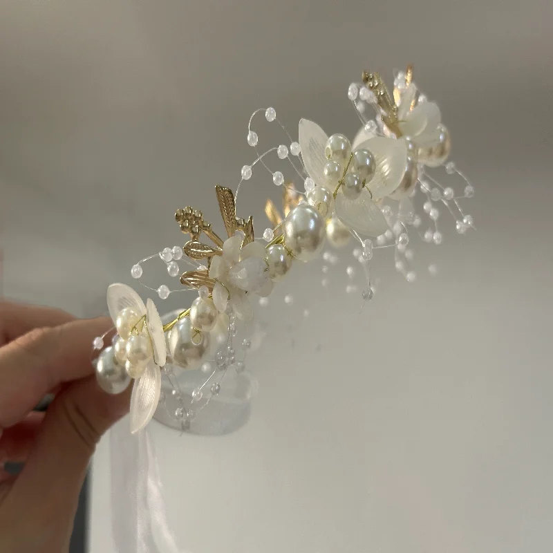 Wedding Accessory Bride Crown Hair Crystal Jewelry Tiara With Pearls Flowers Wedding Crown Floral Pearl Bridal Headband - 2