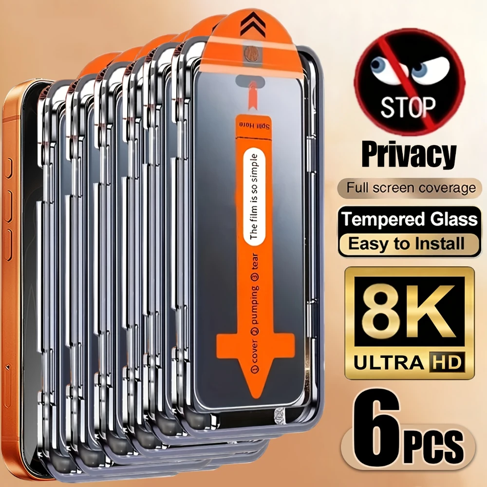 NNBILI Lot de 6 films de protection d'écran anti-espion à couverture intégrale pour iPhone 17 16 15 14 13 12 11 Pro Max 17e 16e 12 13 Mini X, Facile à installer
