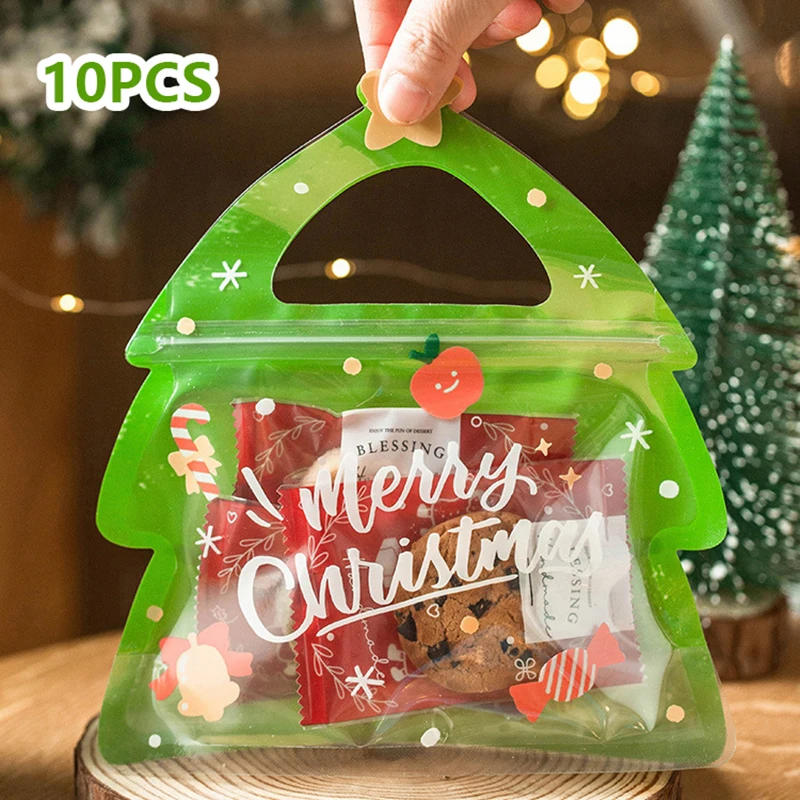 

10 Pcs Christmas Gift Bag For Candy Chocolate Cookie Nougat Biscuit Packing Gift Tree Santa Zipper Bags Kids New Year Party Gift