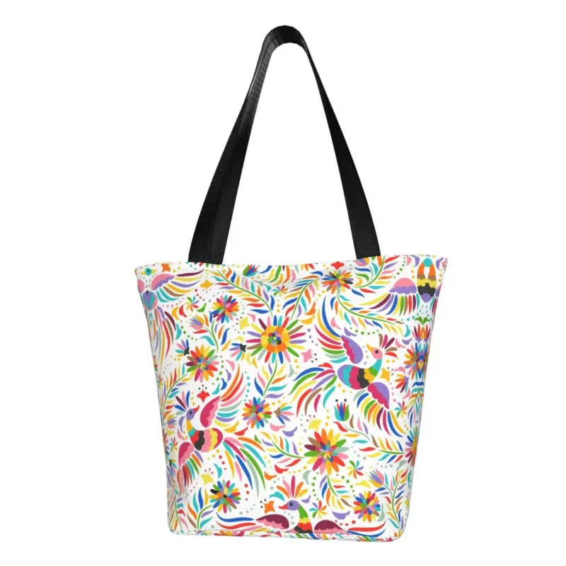 

Cute Mexican Flower Shopping Tote Bags Recycling Floral Folk Grocery Canvas Shopper Shoulder Bag