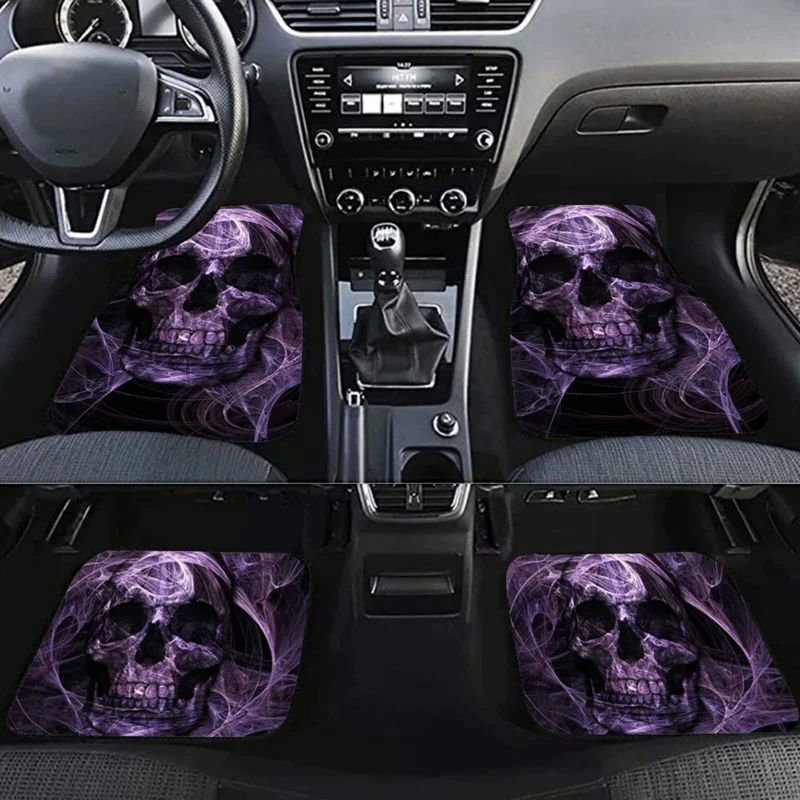 

4-piece set of car floor mats, purple smoke skull printing, universal rubber mats for most cars, SUVs, trucks, sedans, car inter