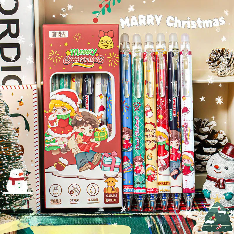 28pcs/set Blue Erasable Christmas Gel Pen, Cute Anime Pattern, Christmas Holiday Gift, School Supplies Fine Tip 0.5mm Pen Core