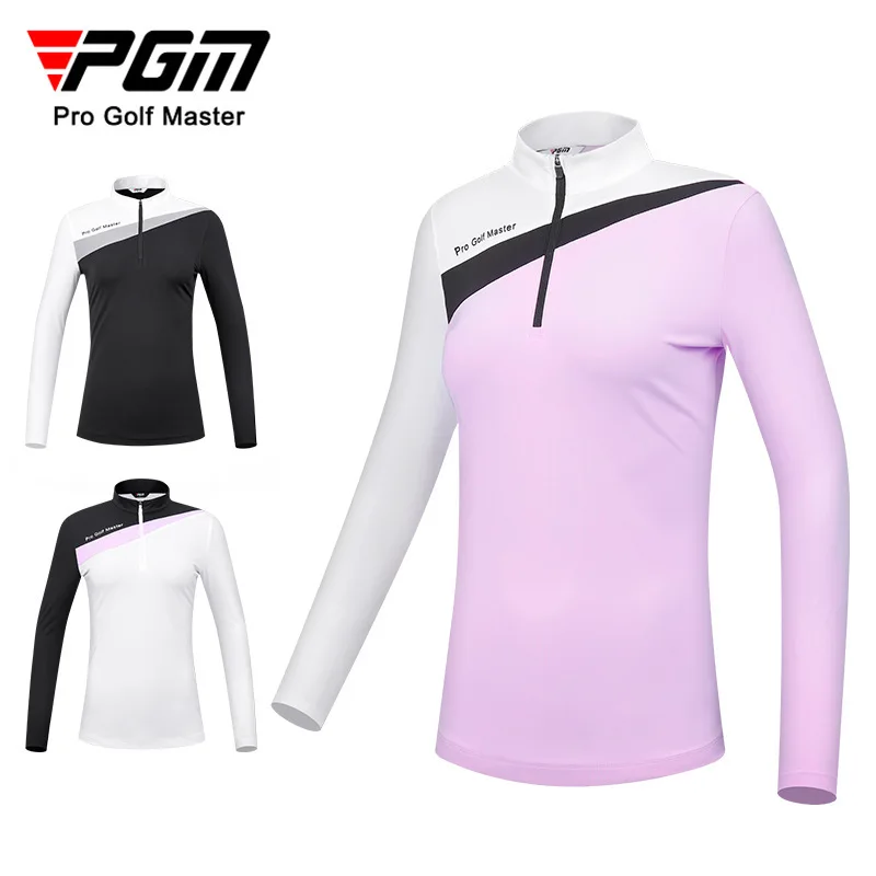 

PGM Women's Golf Long Sleeve T Shirts Skin Friendly Color Blocking Design Comfortable Sports Stand Collar Shirt Golf Wear YF532