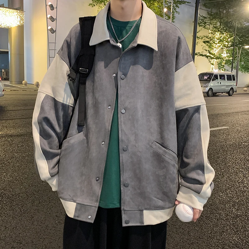 

Мужская замшевая куртка в стиле пэчворк, черная/серая Повседневная осенняя куртка с отложным воротником, уличная мода, свободная одежда