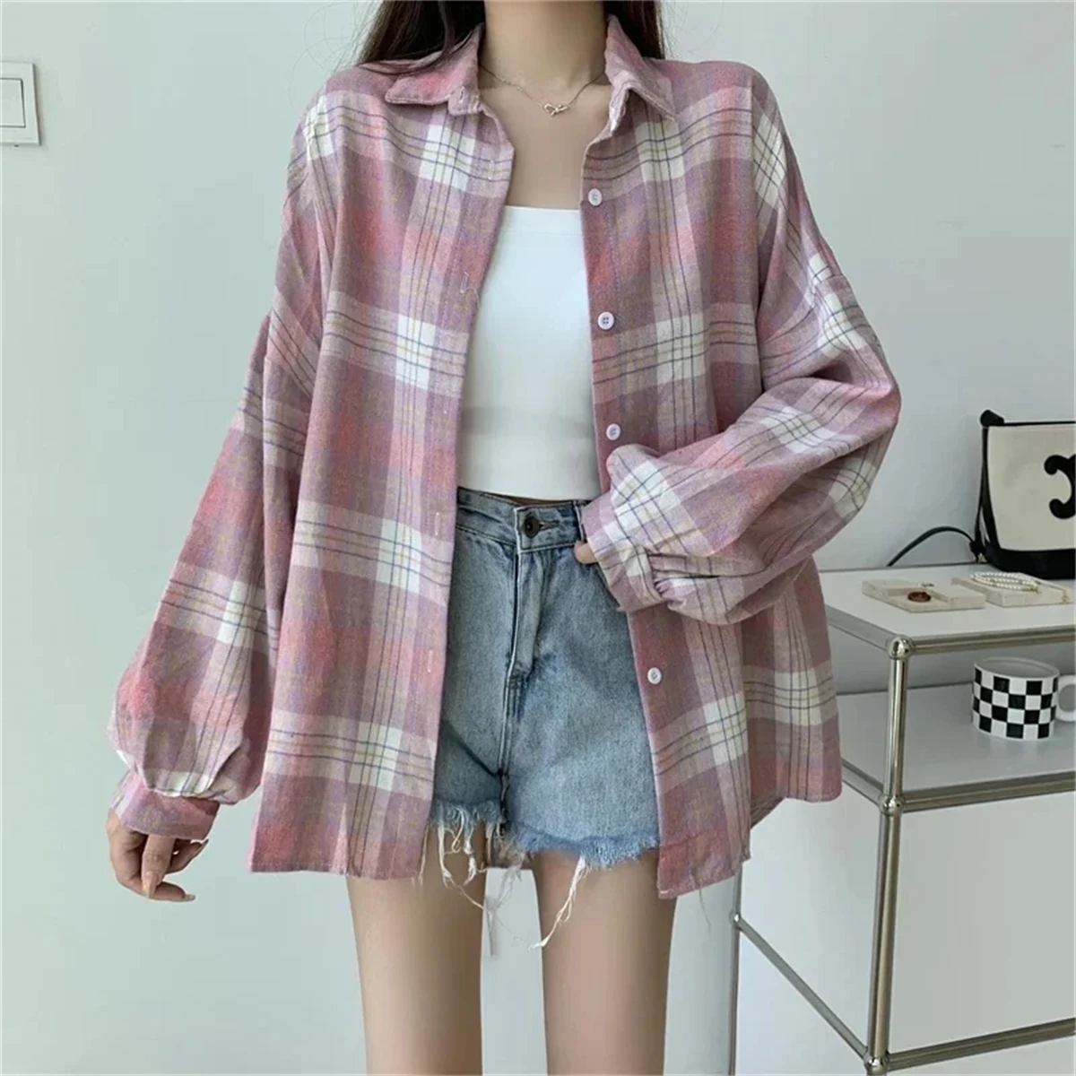 Korean Plaid Blouse Image 14