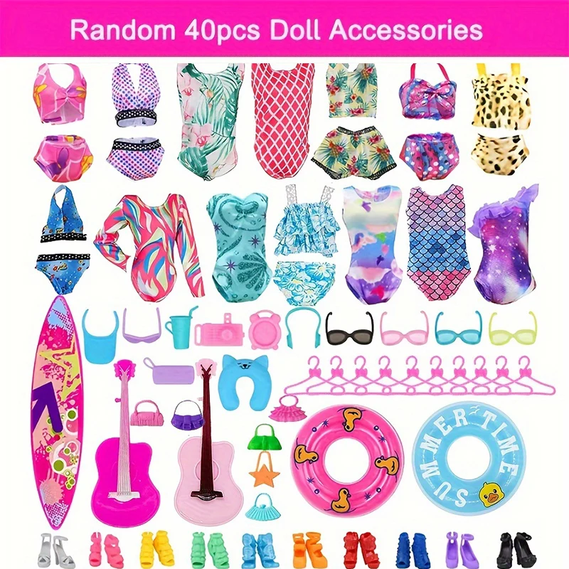 40-teiliges Set 11,5'' /30cm Puppenkleidung Badeanzüge Bikini-Zubehör für Puppenschuhe Surfbrett Gitarre Schaukel Ringaufhänger