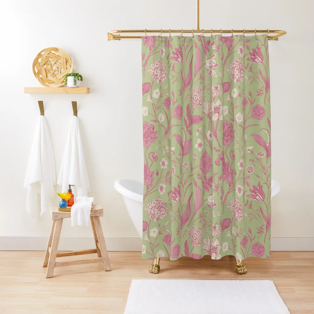 

Pink Mint Botanical Floral Toile de Jouy Inspired Pattern Shower Curtain Bathroom Shower Curtain