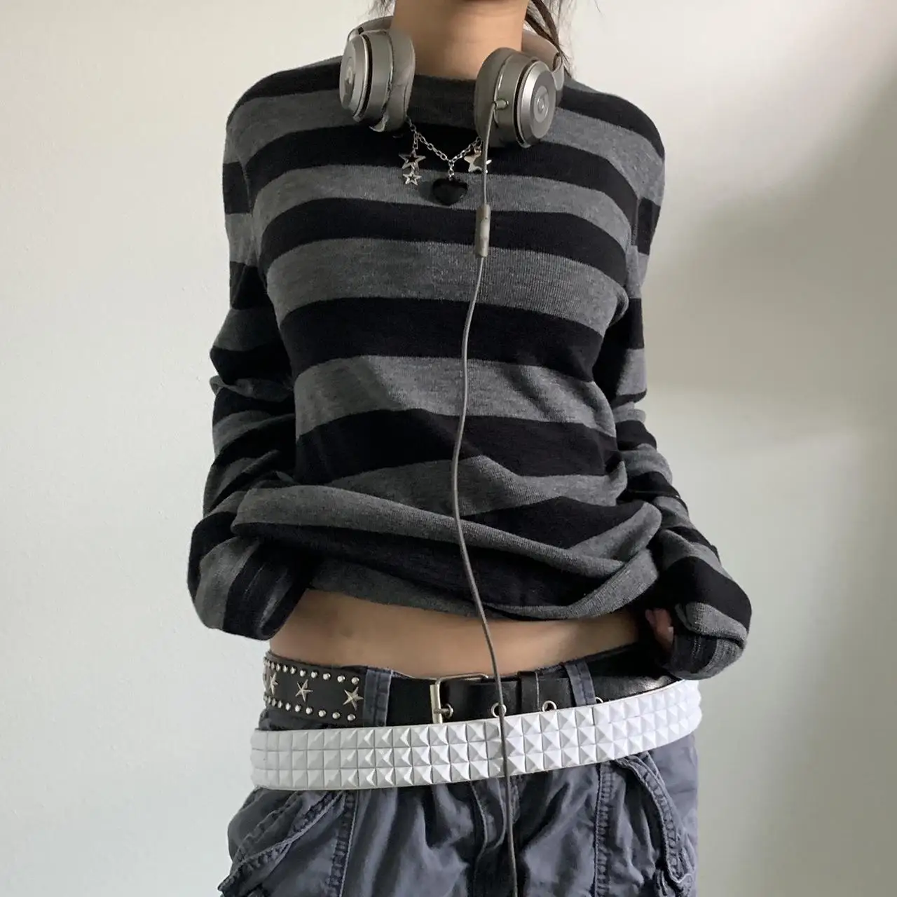 Women Fairy Grunge Knit Basic T-Shirts Autumn Y2K Grey Black Striped Long Sleeve Round Neck Tops Tees Club Streetwear