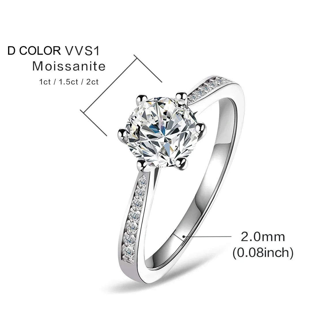 1ct 2ct Moissanite Wedding Ring for Women Sterling Silver