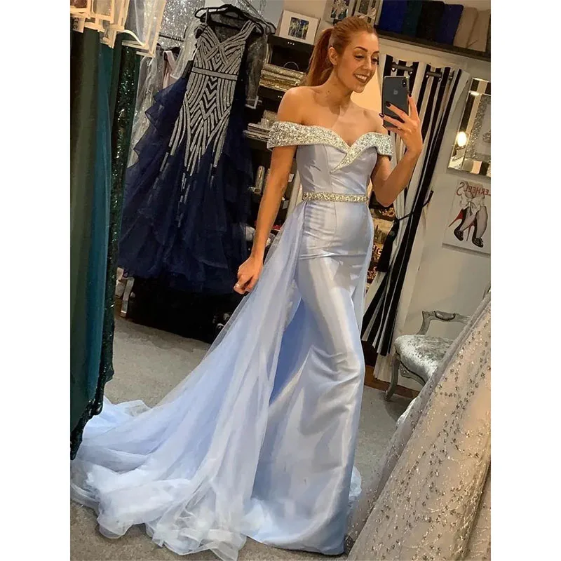 

Exquisite Crystals Beads Evening Dresses With Detachable Train Off the Shoulder Mermaid Formal Party Prom Gowns Custom Size
