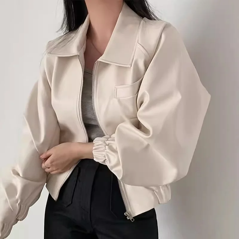 South Korea 2024 Autumn Niche Western Style Lapel Casual Versatile Solid Color Long Sleeved Short PU Leather Jacket for Women WF