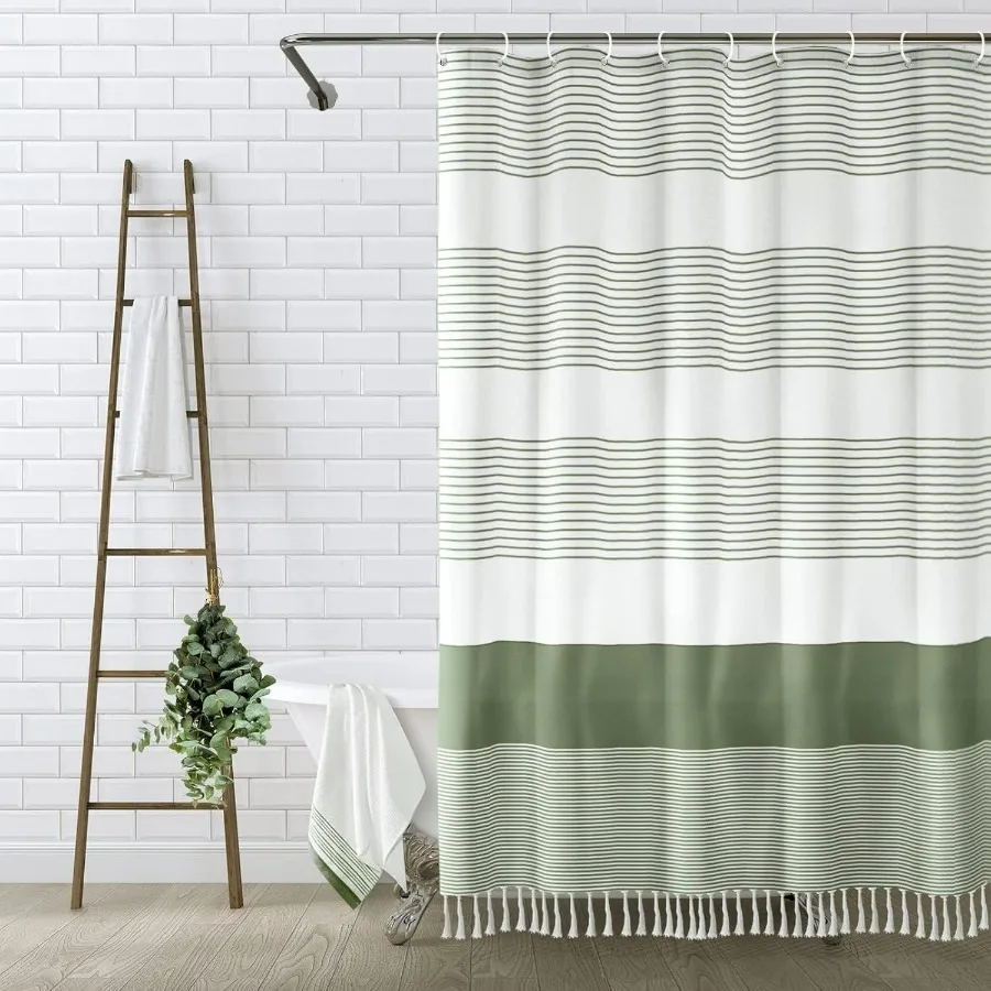 Boho Sage Green Shower Curtain with Tassels