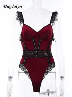 Magdalyn Women Velour Lace Bodysuits Fashion Casual Skinny Velvet Combination Rompers Chic Sexy Strappy Floral Bodycon Catsuits - Image 6