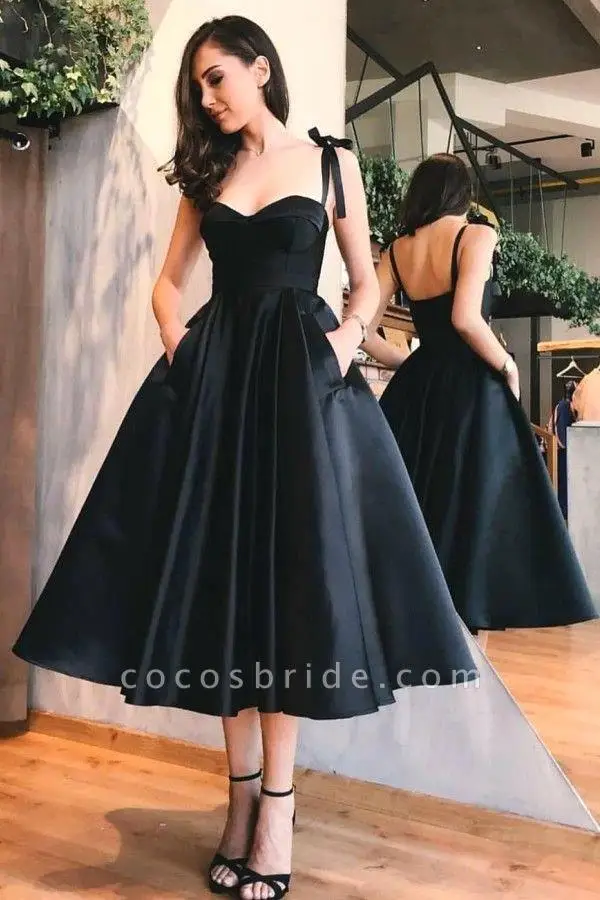 Simple Spaghetti Strap Sleeveless Prom Dress Vintage Tea-Length Draped A-Line Evening Dress Satin Little Black Dress pretty prom dresses