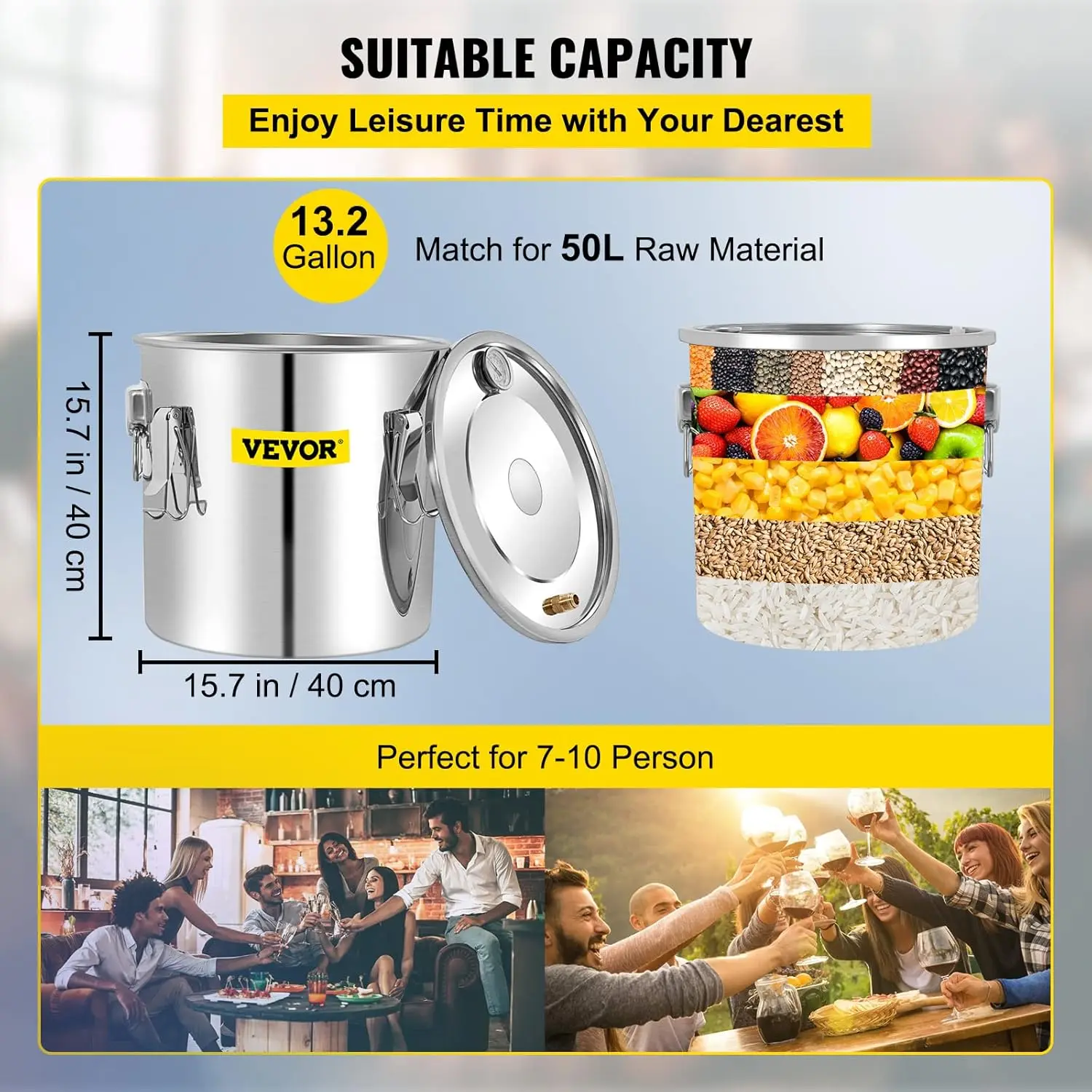 Alcohol Still 13.2Gal/50L Alcohol Distiller Stainless Steel Distillery Kit for With Copper Tube & Pump Home Brewing Kit
