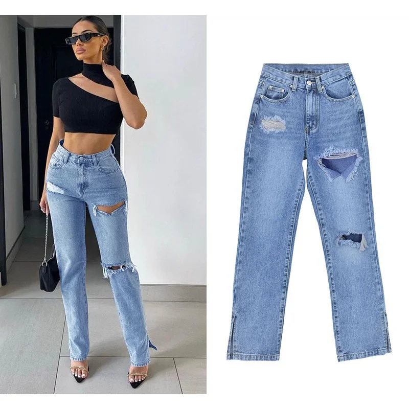 Straight Jeans Mop Pants with Holes In The Hem and A Slight Bell-bottoms Ripped Jeans for Women