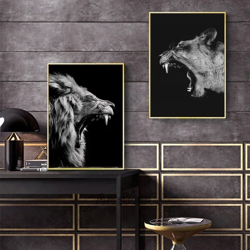 Lion Family Canvas: Modern Black & White Portrait.