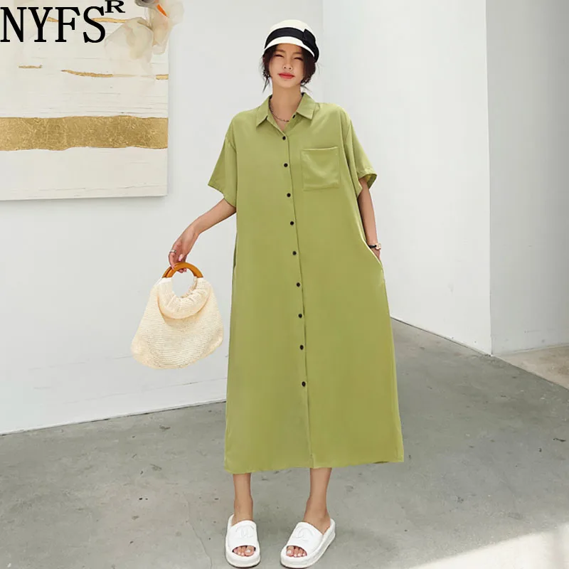 

NYFS 2023 Summer New Korea Loose Woman Dress Vestidos Robe Elbise Polyester Plus Size Short Sleeve Polo Collar Cardigan Dress