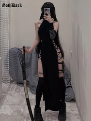 Gothic High Split Sexy Bandage Dress - Sleek Black Grunge Halter Midi for Cosplay and Partywear (Black)