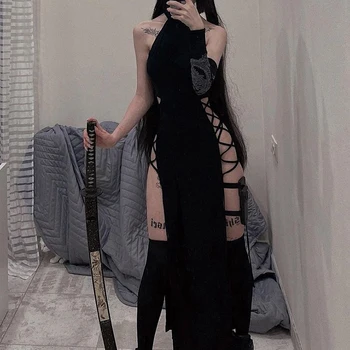 고스 다크 코스프레 하이 스플릿 섹시한 밴디지 여성 드레스, Y2K 몰 고딕 홀터 슬림 미디 드레스, 블랙 그런지 스타일 알트 파티웨어
