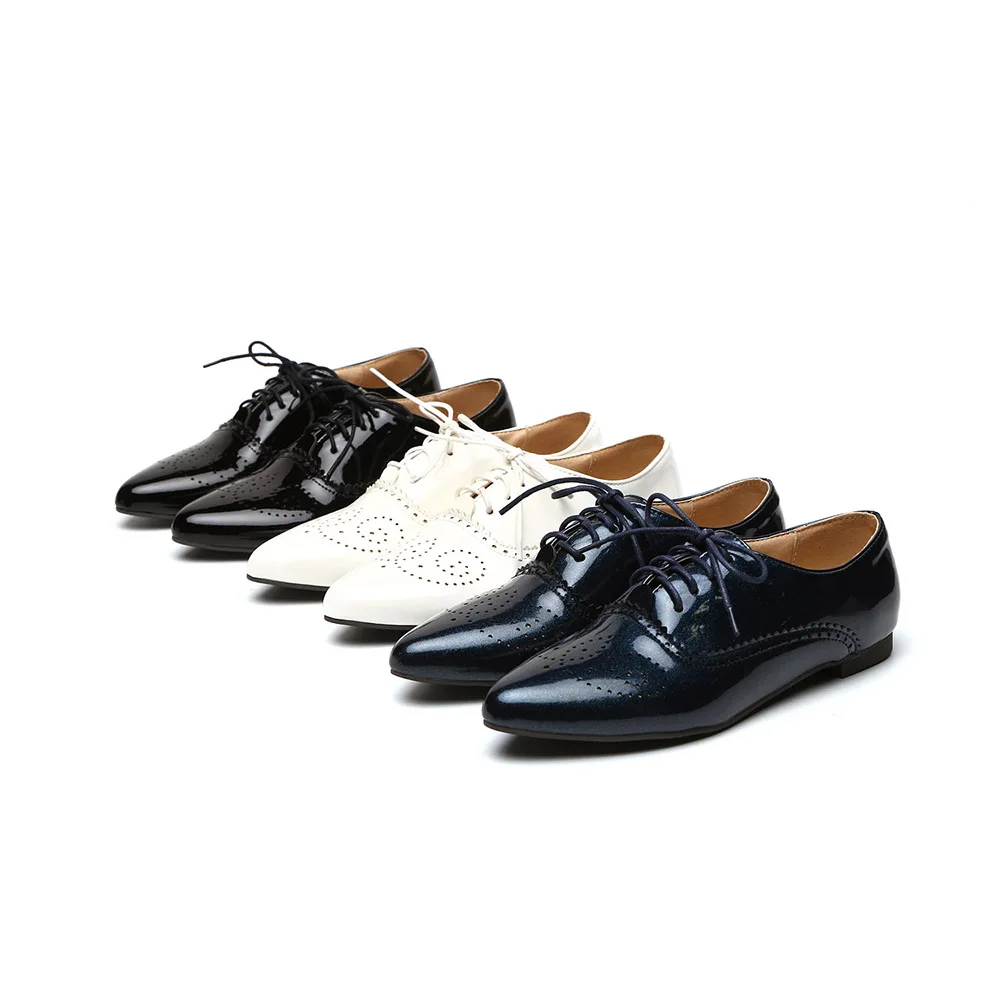 Fashion Women Glossy Oxfords Black Blue White Female Brogue Shoes Low Heels ASP51-5 Plus Big Size 32 43 10