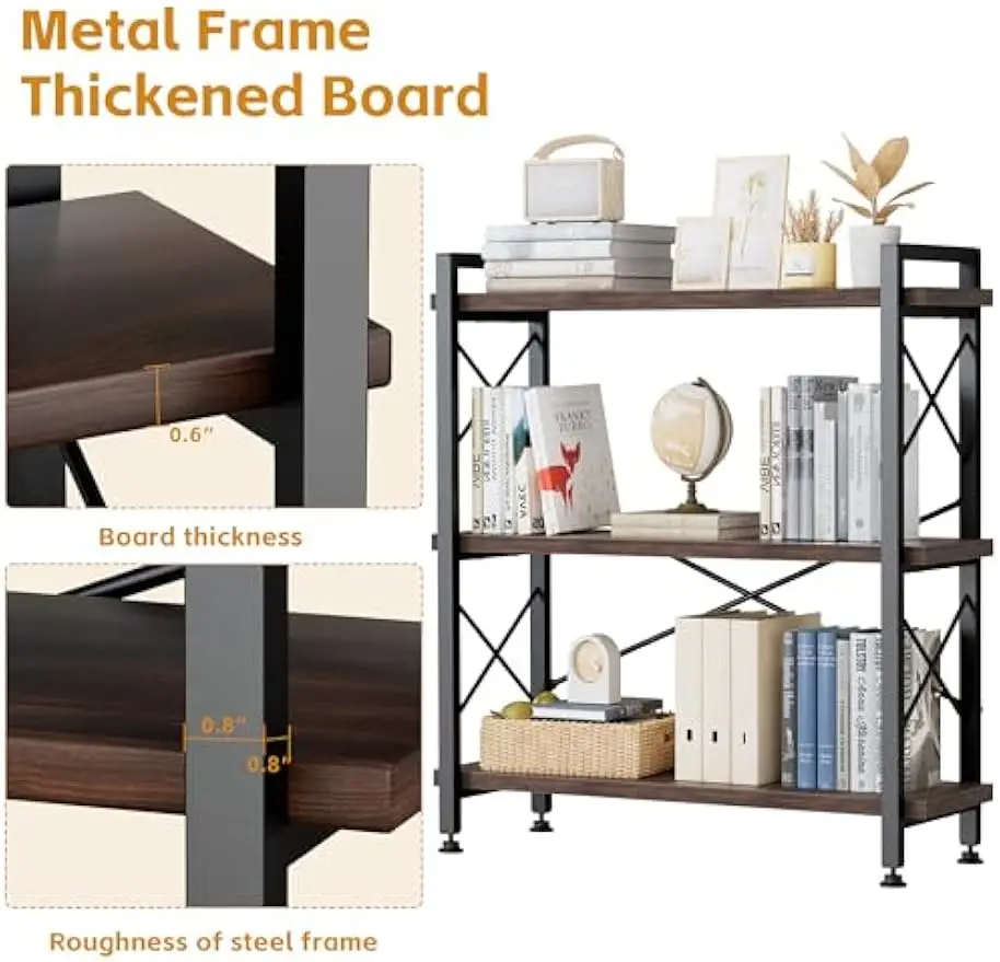 3 Tier Bookshelf Bookcase, 35.5'' Width Wood & Metal Open Book Shelf, Freestanding Industrial Display Shelf, Rustic Storage