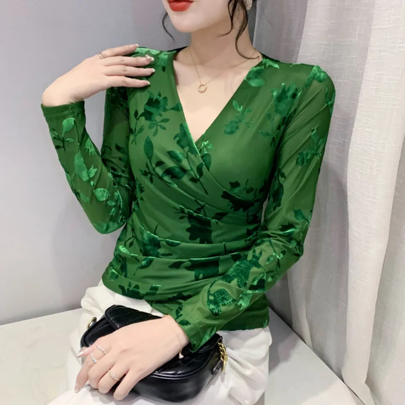 

#8113 Black Green Pink Mesh T Shirt Women Thin V-neck Vintage Sexy Wrap T-shirt Female Long Sleeve Irregular Short Womens Tshirt