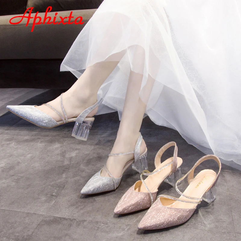 Aphixta 6cm Transparen Square Heels Sandals Women Pointed Toe Crystals Heel Women Outside Sippers Shoes Slides Big Size 42