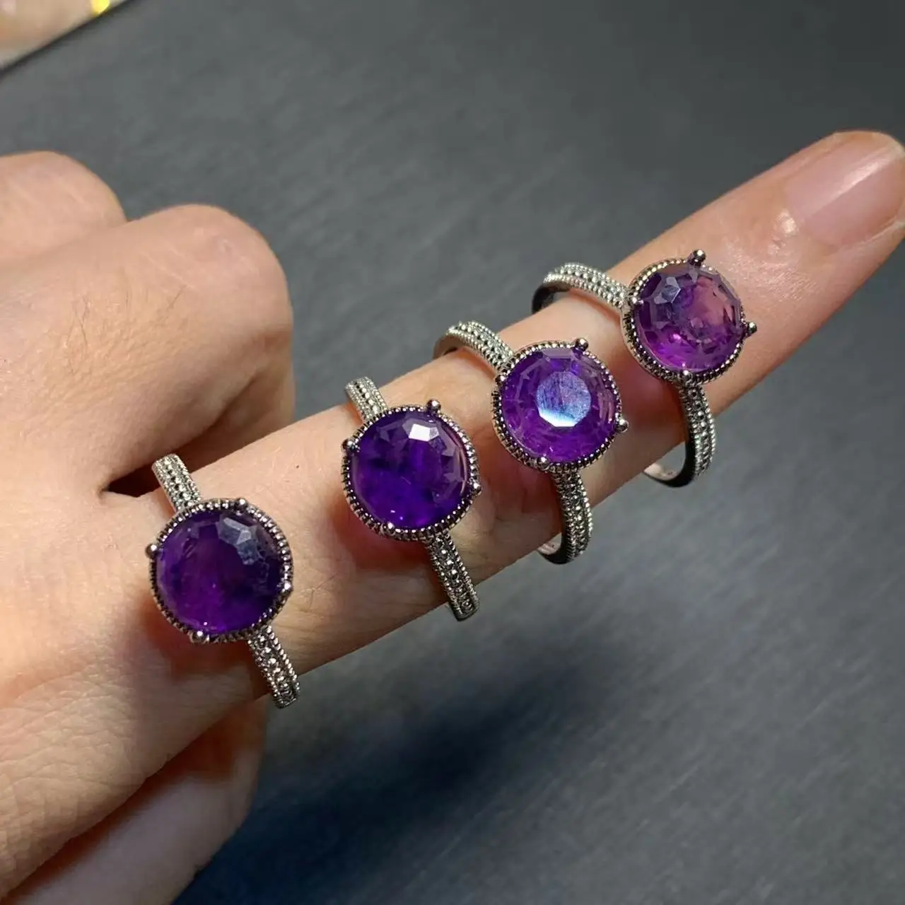 ROUND Natural Amethyst Ring Stone Female Handmade Rings Jewelry for Women Gift Purple Flower