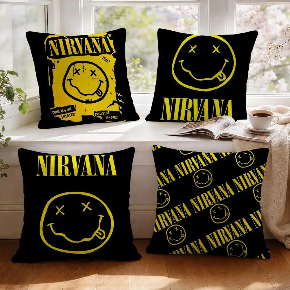 그런지 밴드 N-Nirvana 로고 쿠션 커버 통기성 좋은 천연 린넨 프린트 베개..