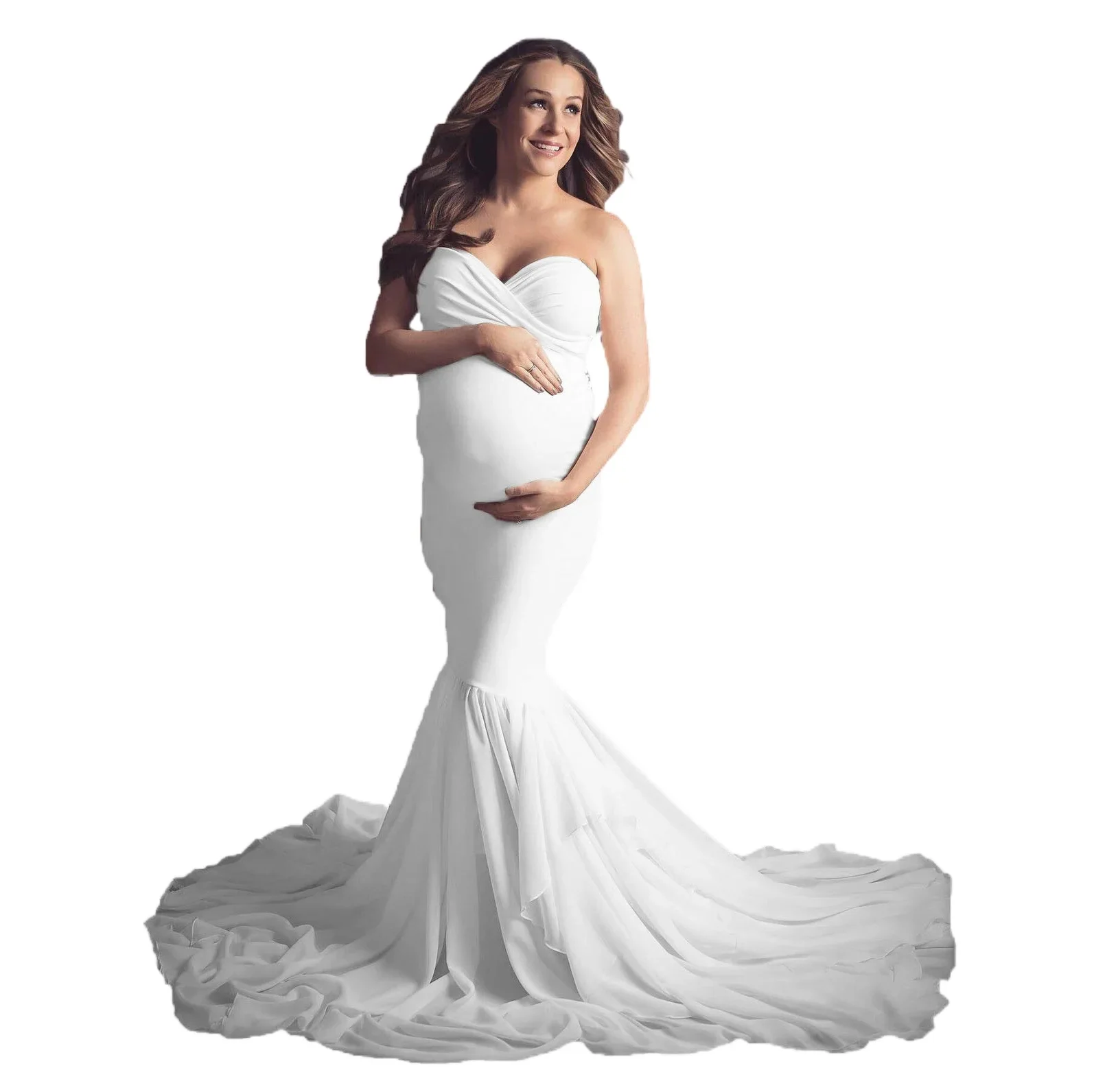 

Women Off Shoulder Strapless Tired Mermaid Maternity Dress Elegant Fitted Chiffon Gown for Photoshoot Photography Baby Shower