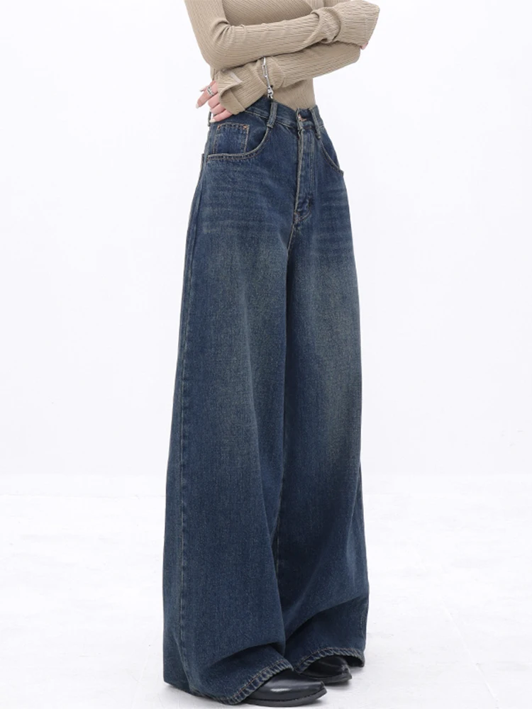 Vintage Solid Color Women High Waist Casual Full Length Jean Trousers 2023  New Straight Wide Leg Female Denim Pants Streetwear