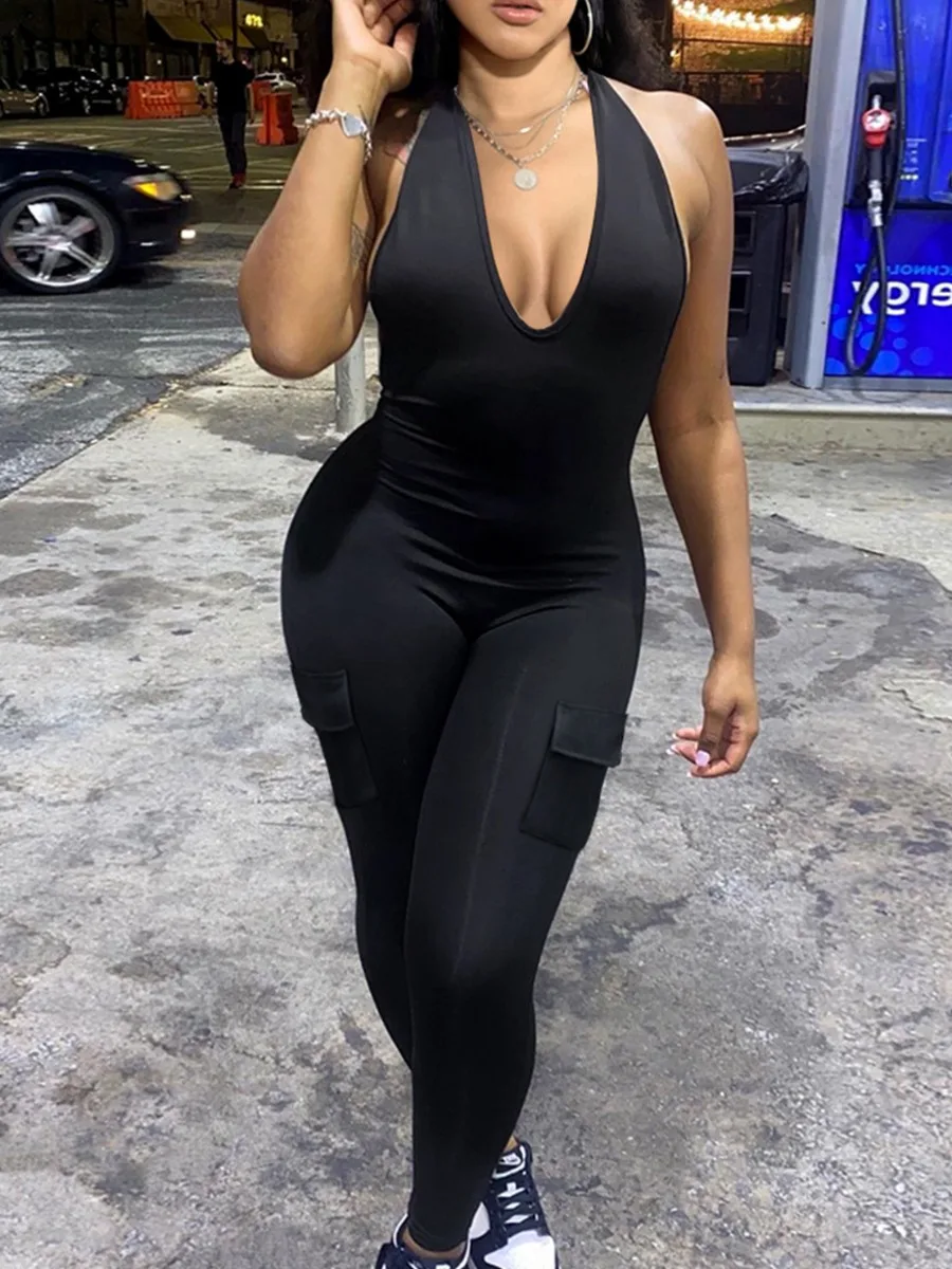 

LW Plain Halter Deep V Neck Backless Side Pocket Skinny Jumpsuit Backless Fitness Sporty Long Rompers Sleeveless Casual 1pc