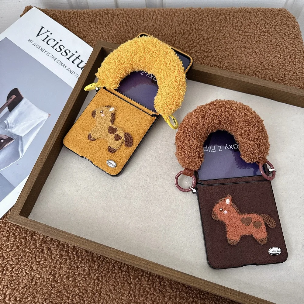 3D Plush Wooden Horse Phone Case with Side Buckle and Plush Chain - Shockproof Protection Cover
