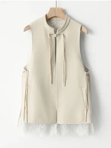 thumbnail image 1 of Chaqueta de piel auténtica sin mangas con cuello alto para mujer, tendencia 2024, abrigo de piel de oveja auténtica con forro de encaje de doble cara, 1 of 5
