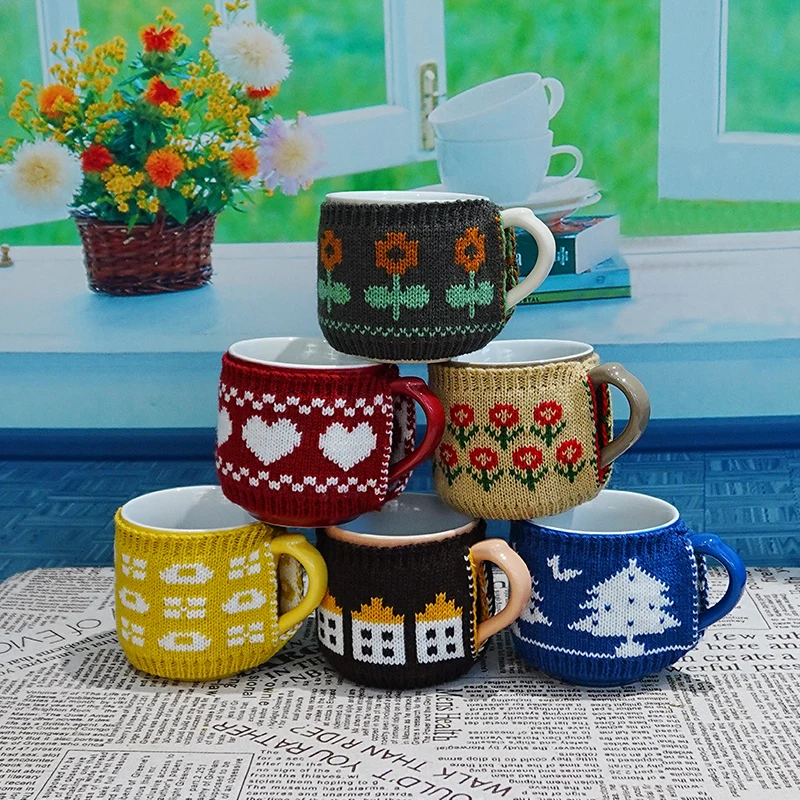 London Pottery Coffee Mug Cozy Sleeve Mug Knit Cover 80% Wool Knit Fabric for 250ml Decoration