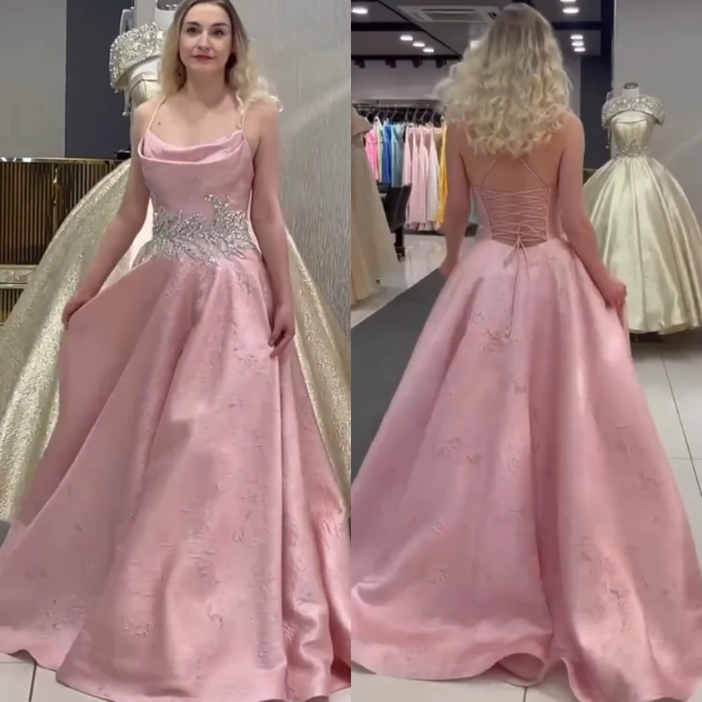 

Elegant High Quality Spaghetti Strap A-line Floor Length Prom Dresses Formal Ocassion Gown Paillette / Sequins Satin فساتين سهره