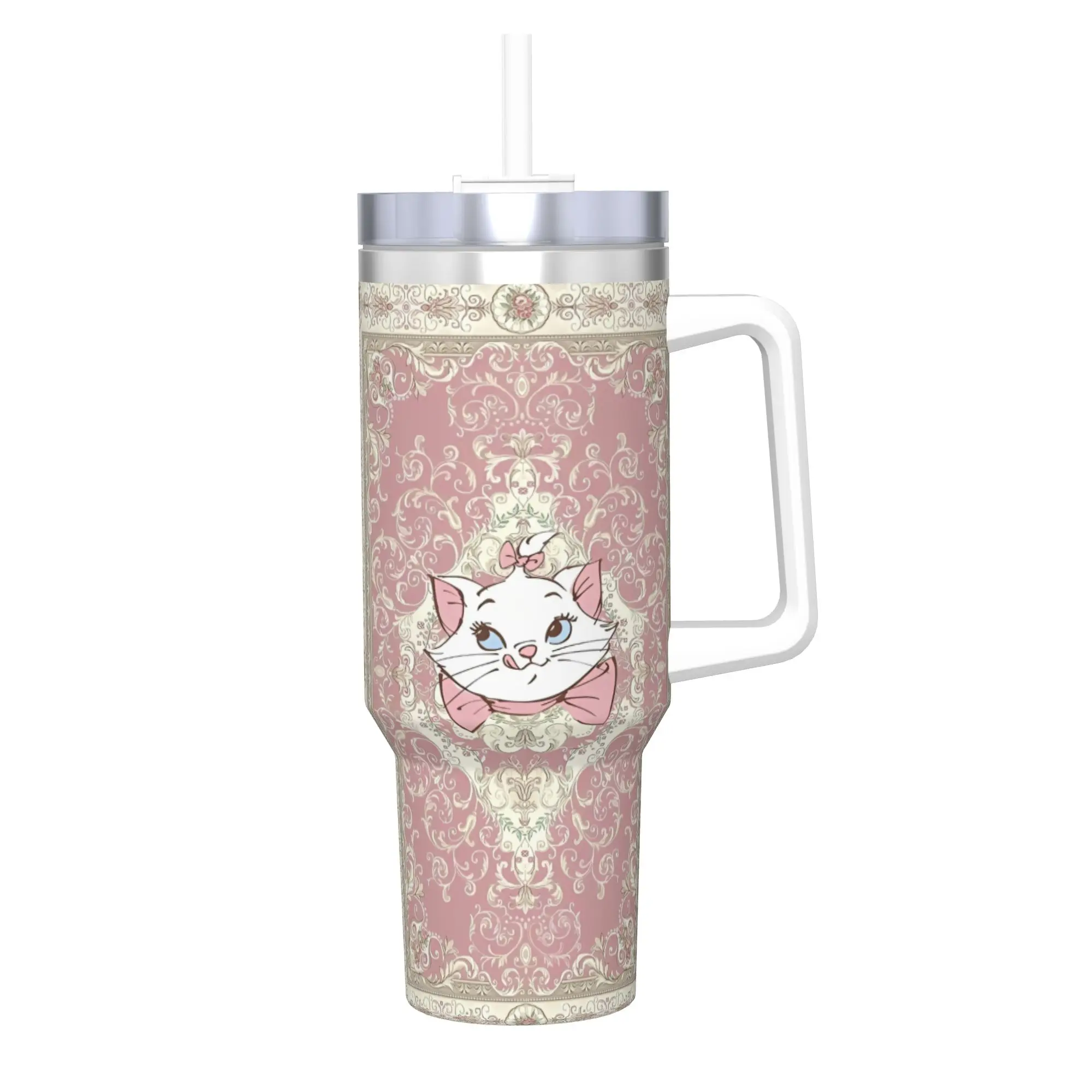 Stainless Steel Aristocats Marie Cat Tumbler with Straw - Large Capacity Thermal Mug